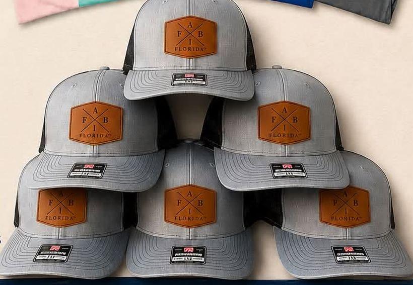 Grey Richardson trucker hats with brown leather A I F B Florida patches