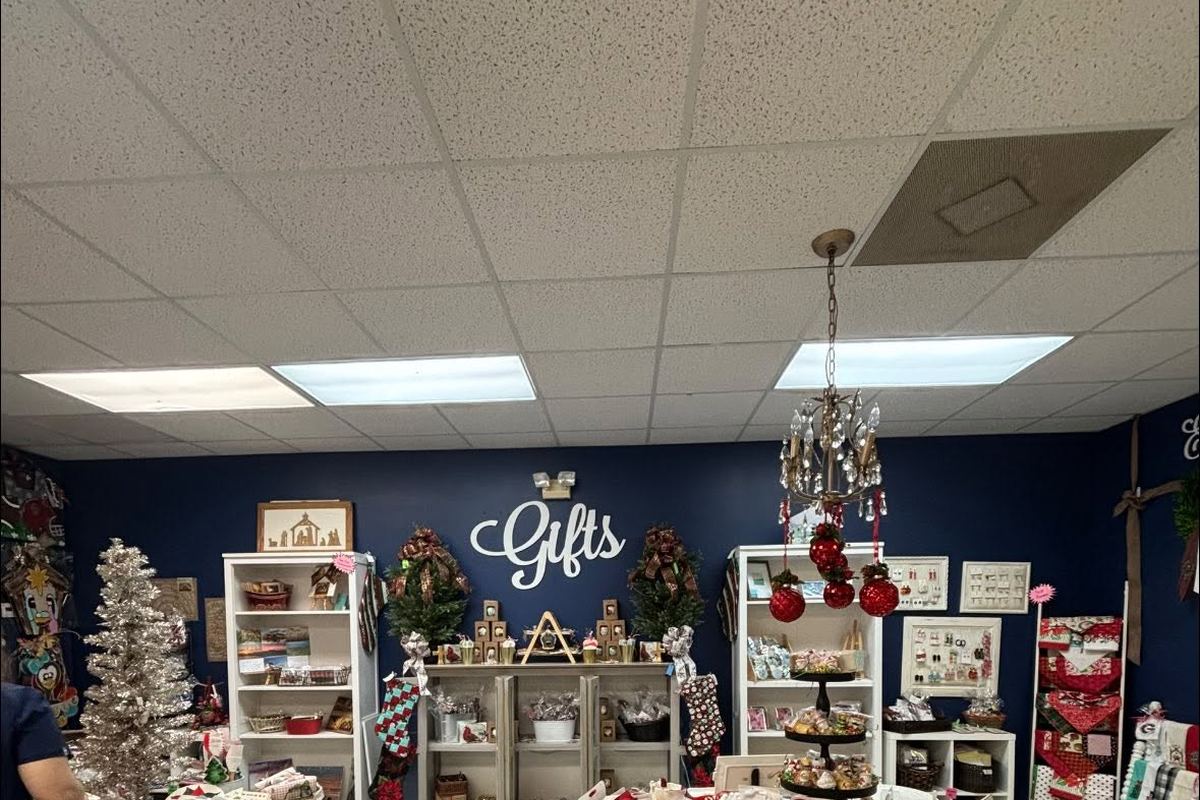 The gift room at Waas Drug Store filled with Christmas displays and silver trees